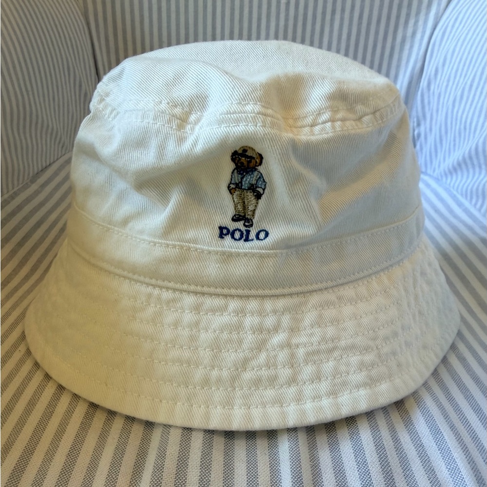 Polo Bear Ralph Lauren Kids White Cotton Twill Bucket Hat